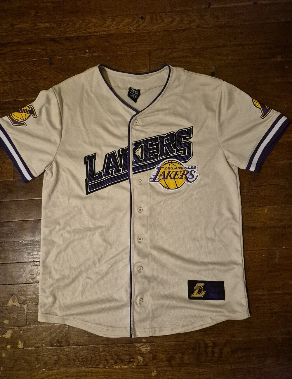47 Los Angeles Lakers Tan Yellow and Purple Patch Mens Sz Medium Baseball Jersey